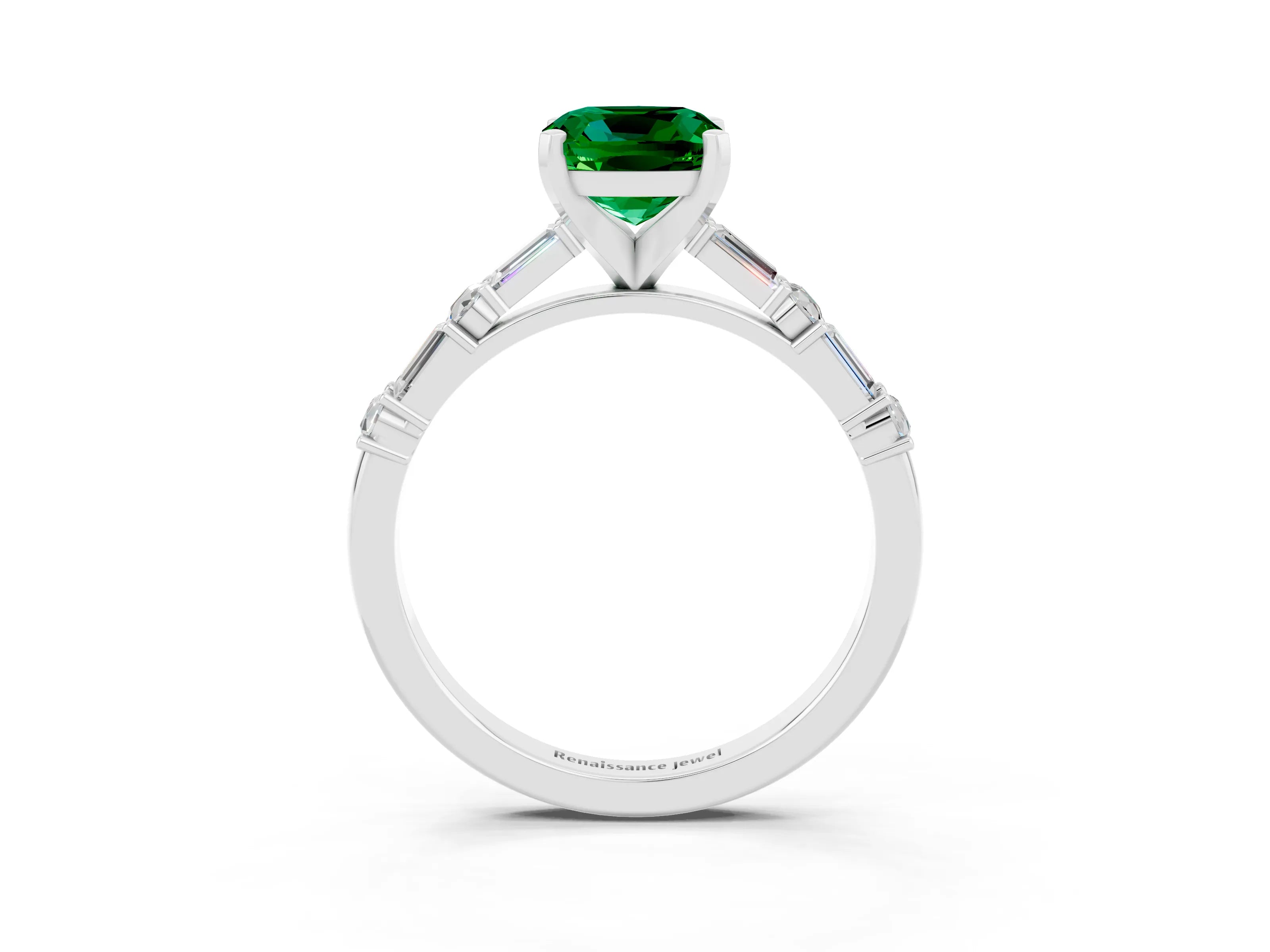 White gold Cushion Cut Emerald Solitaire with Side Baguettes and Channel Set Band_3