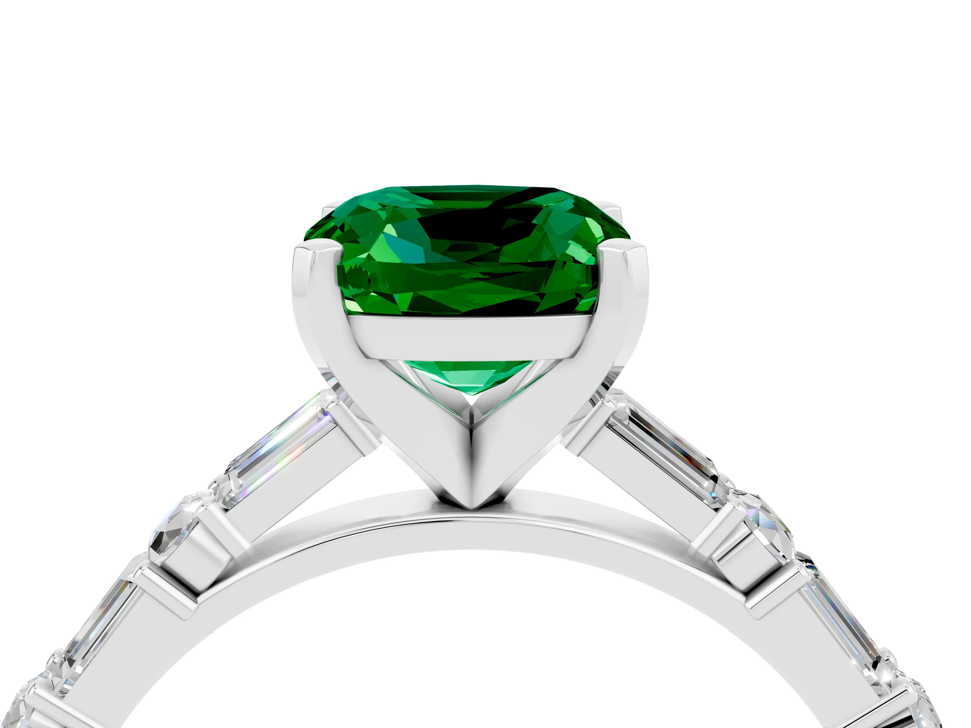 White gold Cushion Cut Emerald Solitaire with Side Baguettes and Channel Set Band_4