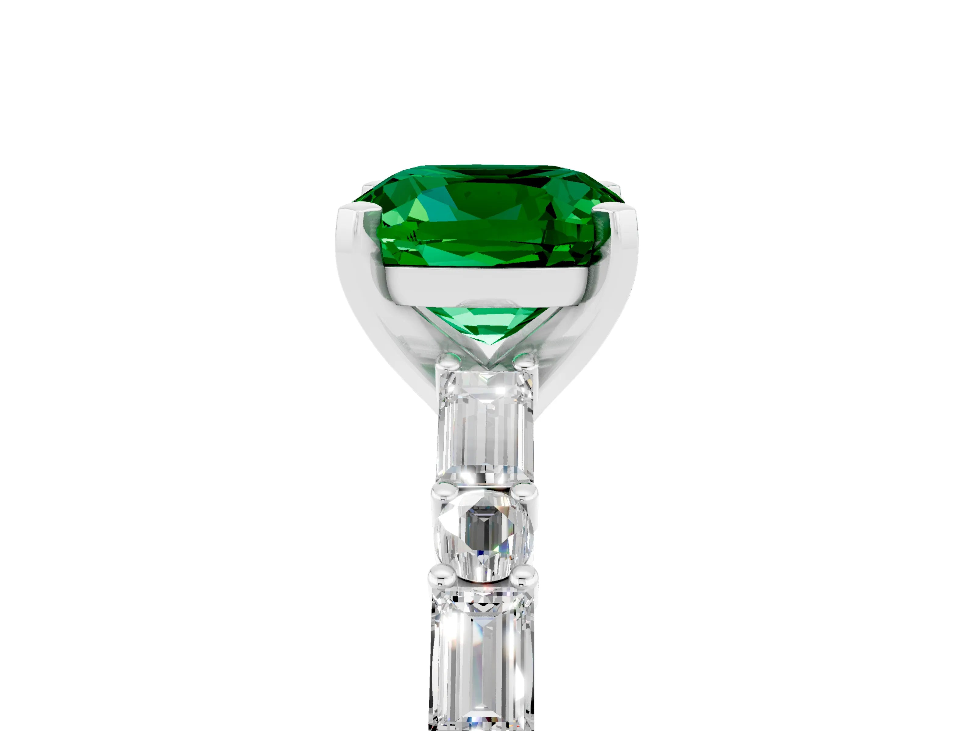 White gold Cushion Cut Emerald Solitaire with Side Baguettes and Channel Set Band_5