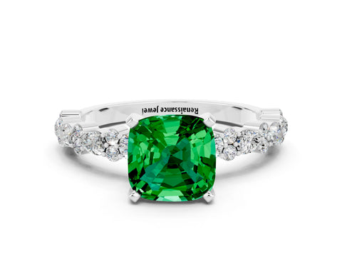 White gold Cushion Cut Emerald Solitaire with Side Stones, Pave Band, Four-Prong Setting_12