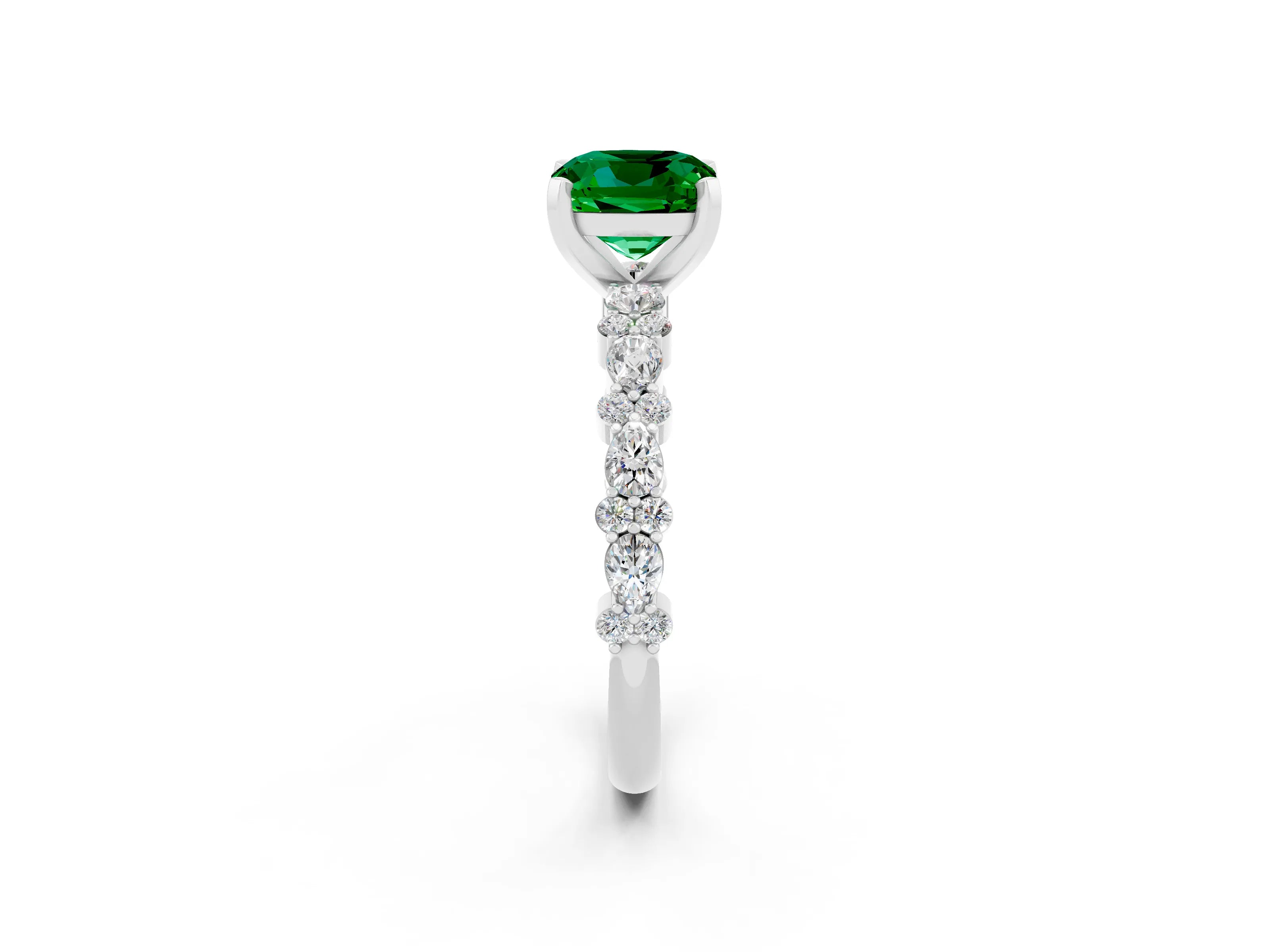 White gold Cushion Cut Emerald Solitaire with Side Stones, Pave Band, Four-Prong Setting_14