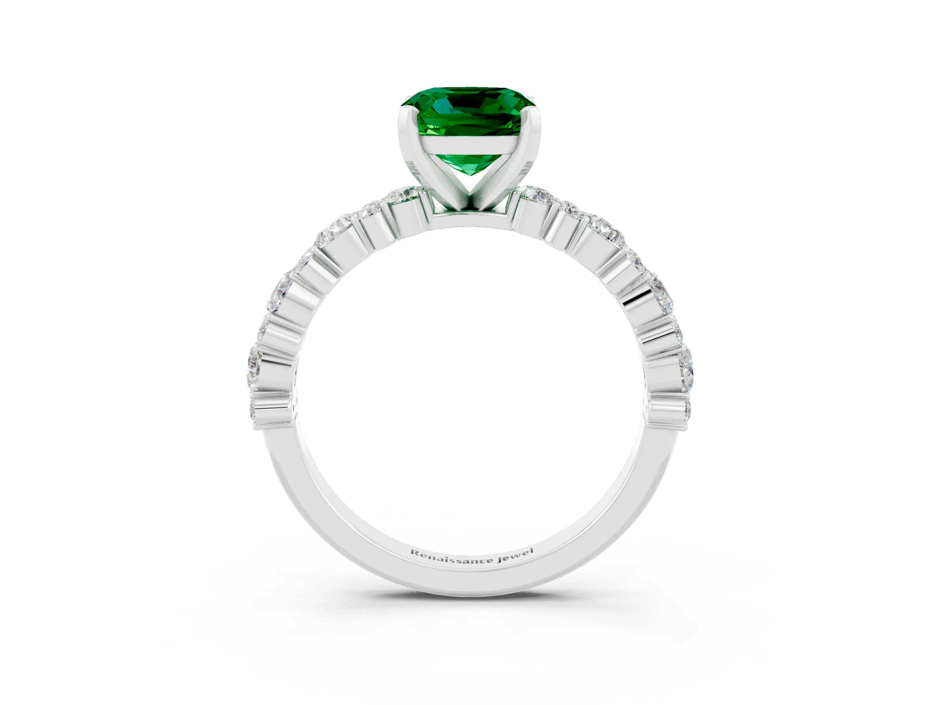 White gold Cushion Cut Emerald Solitaire with Side Stones, Pave Band, Four-Prong Setting_15