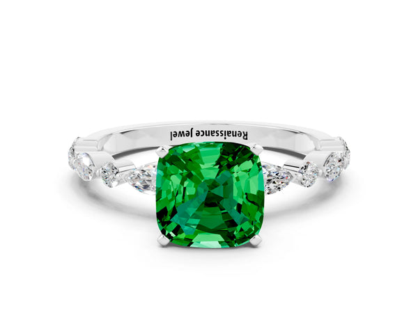 Platinum Cushion Cut Emerald Ring with Marquise and Round  Side Stones and Four-Prong Setting