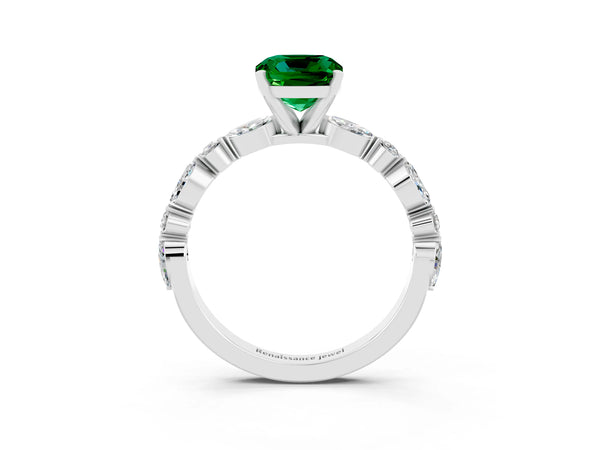Platinum Cushion Cut Emerald Ring with Marquise and Round  Side Stones and Four-Prong Setting