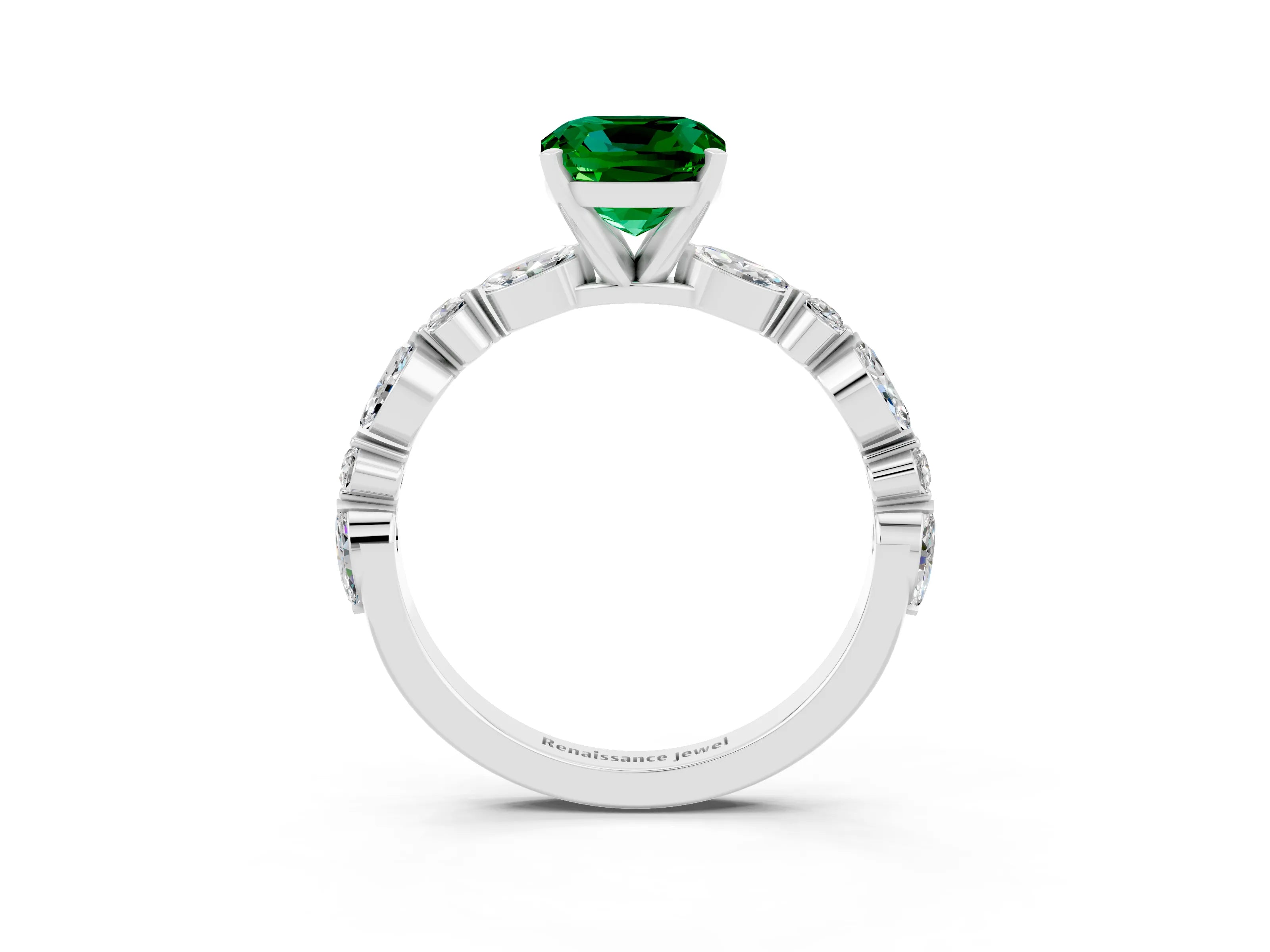 White gold Cushion Cut Emerald Solitaire with Side Stones on a Pavé Band and Four-Prong Setting_3