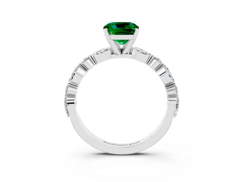 White gold Cushion Cut Emerald Solitaire with Side Stones on a Pavé Band and Four-Prong Setting_3