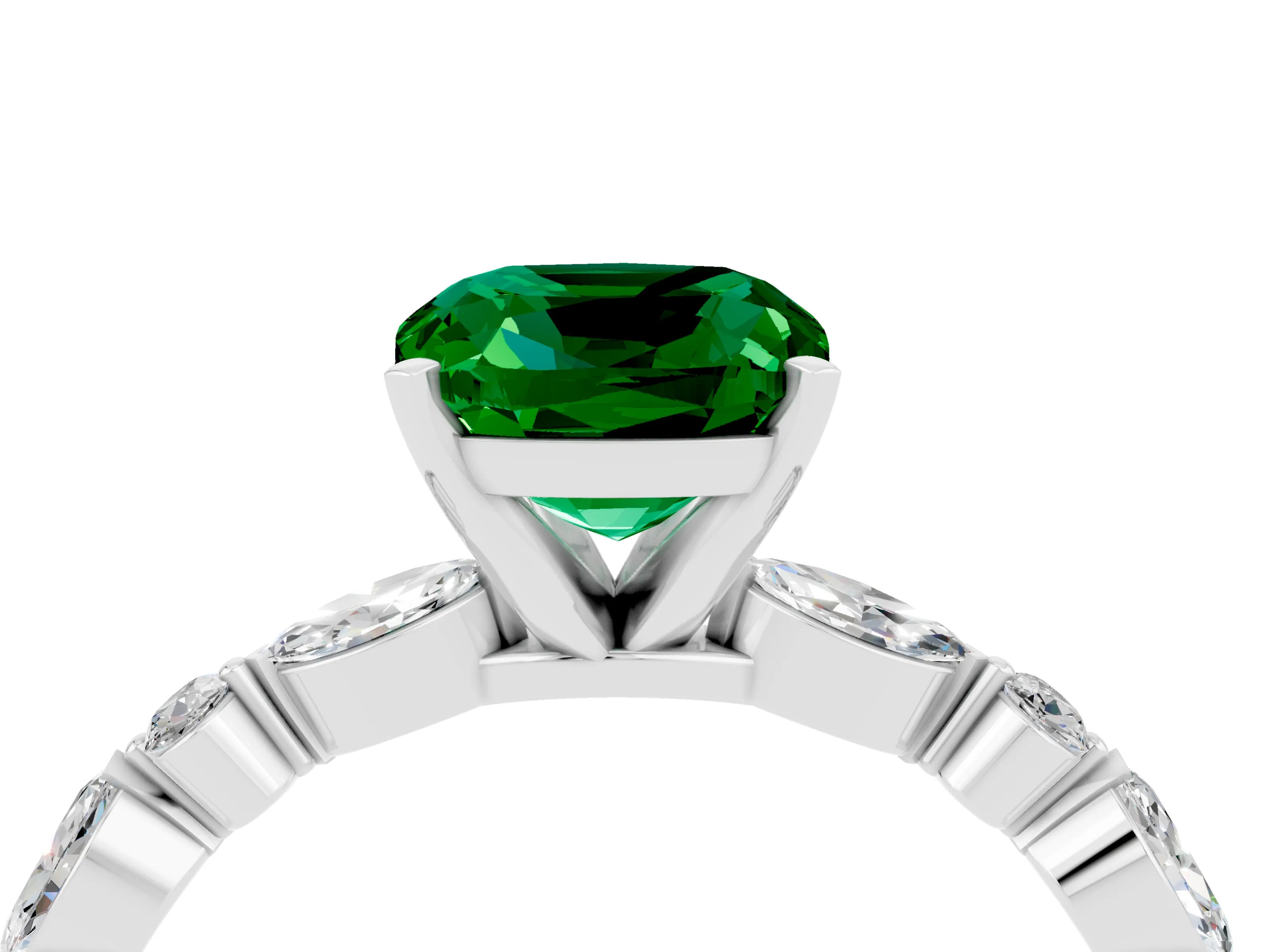 White gold Cushion Cut Emerald Solitaire with Side Stones on a Pavé Band and Four-Prong Setting_4