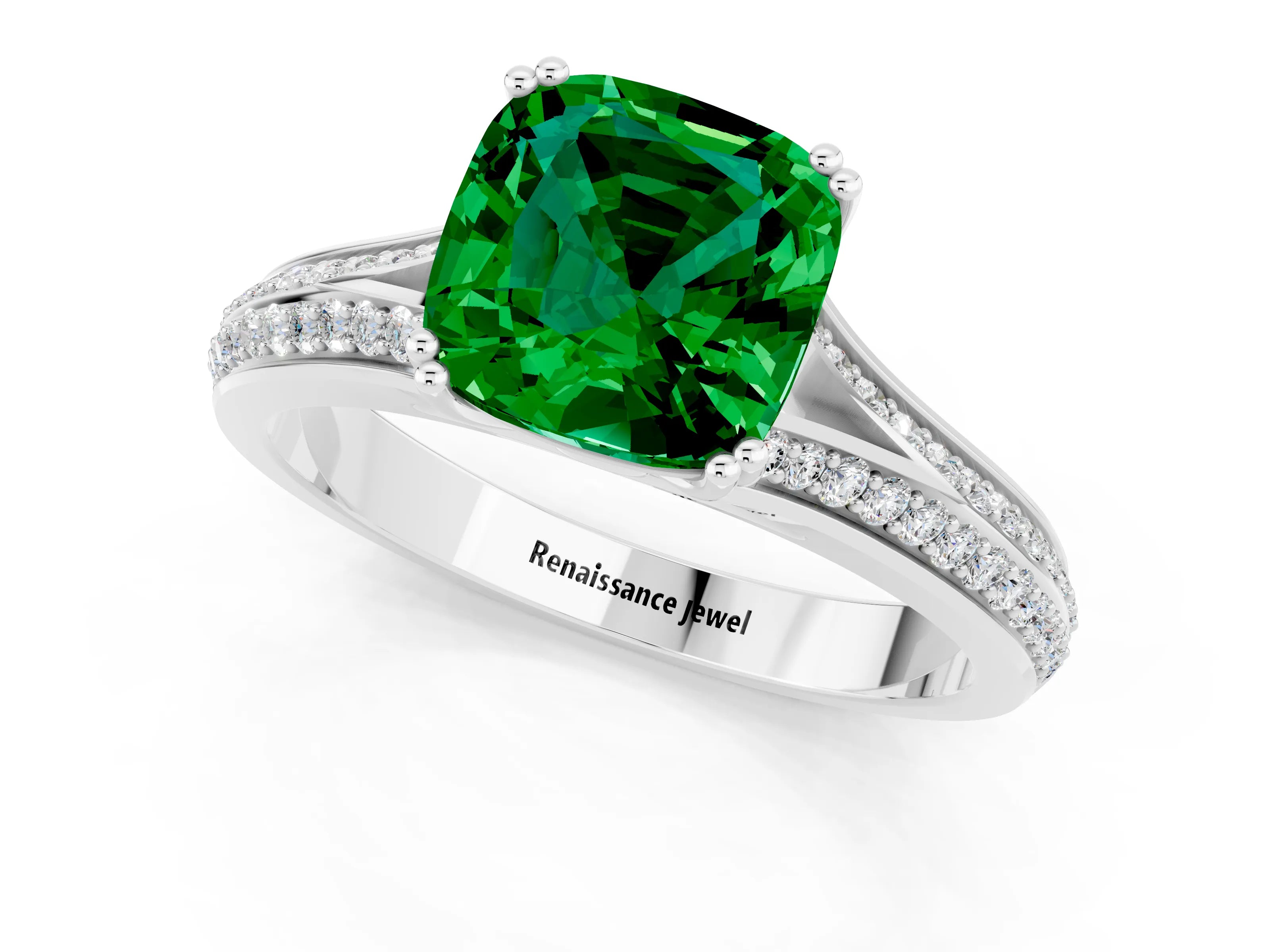 White gold Cushion Cut Emerald Split Shank Engagement Ring with Pavé Band_1