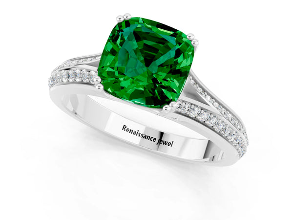 Platinum Cushion Cut Emerald Split Shank Engagement Ring with Pavé Band