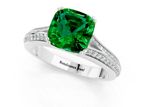 White gold Cushion Cut Emerald Split Shank Engagement Ring with Pavé Band_1