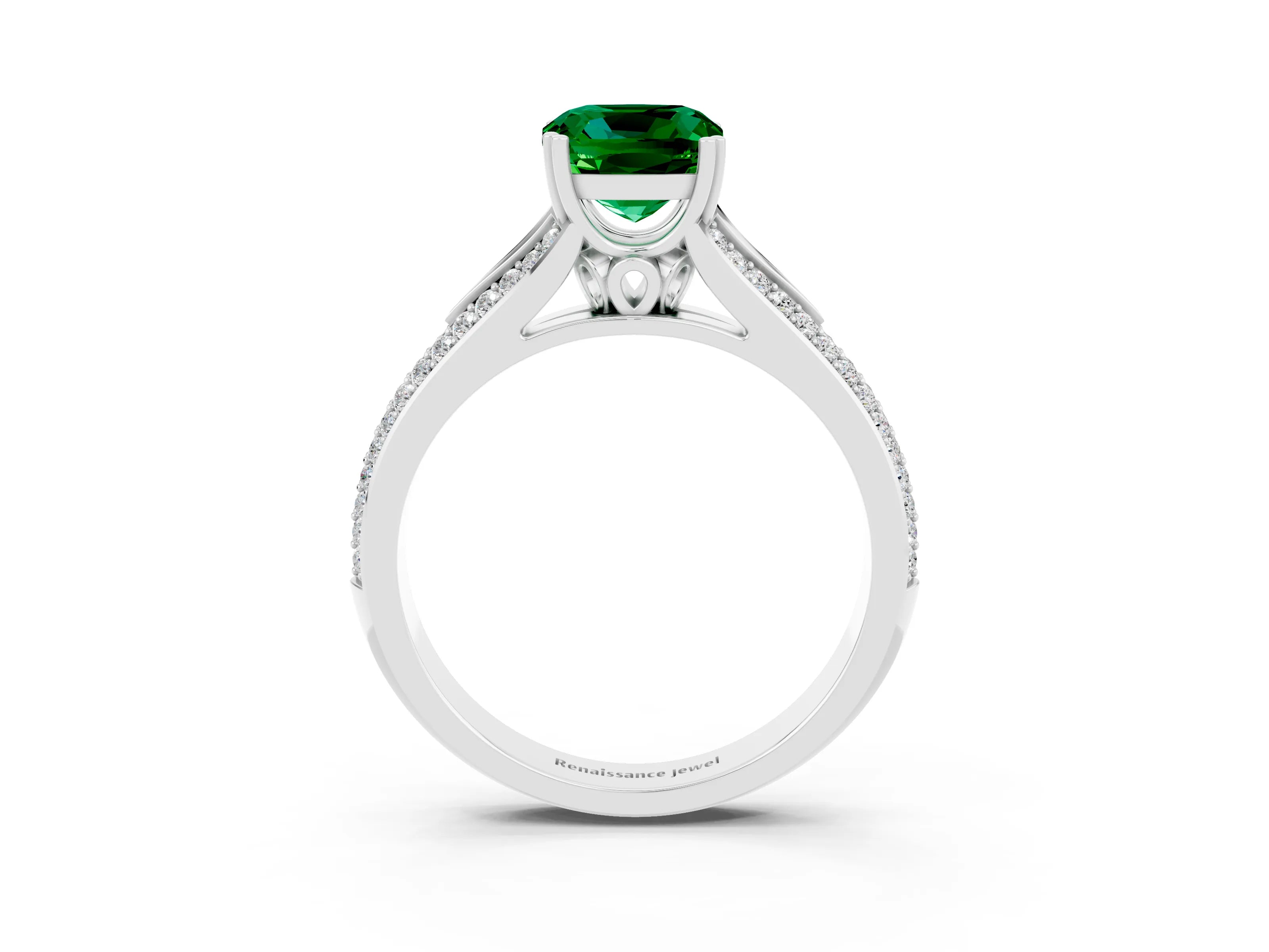 White gold Cushion Cut Emerald Split Shank Engagement Ring with Pavé Band_3