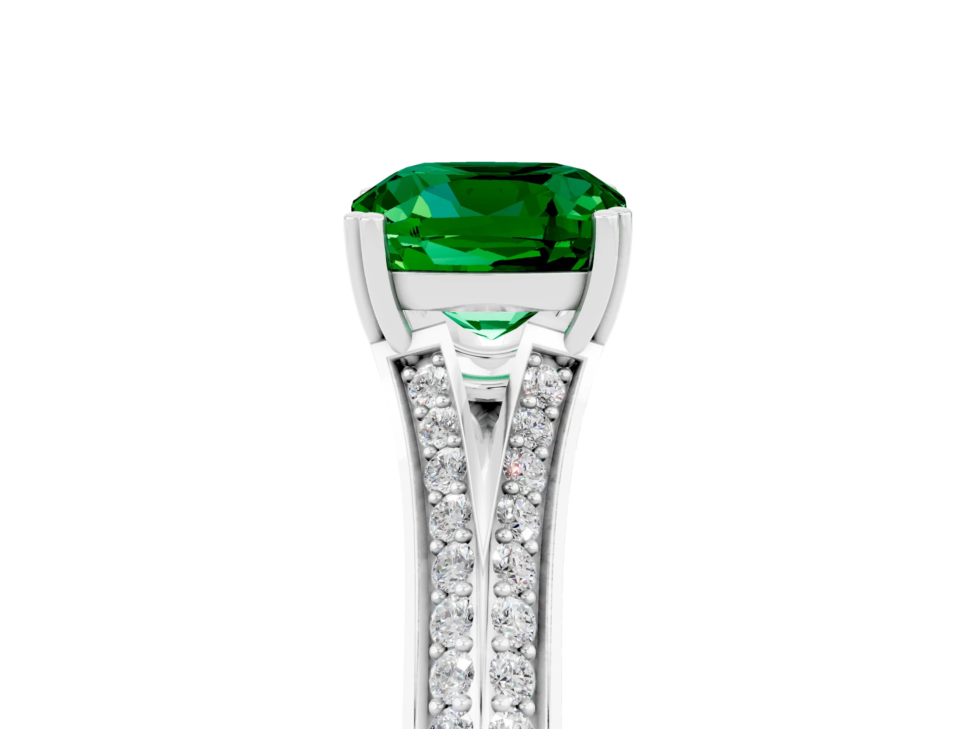 White gold Cushion Cut Emerald Split Shank Engagement Ring with Pavé Band_5