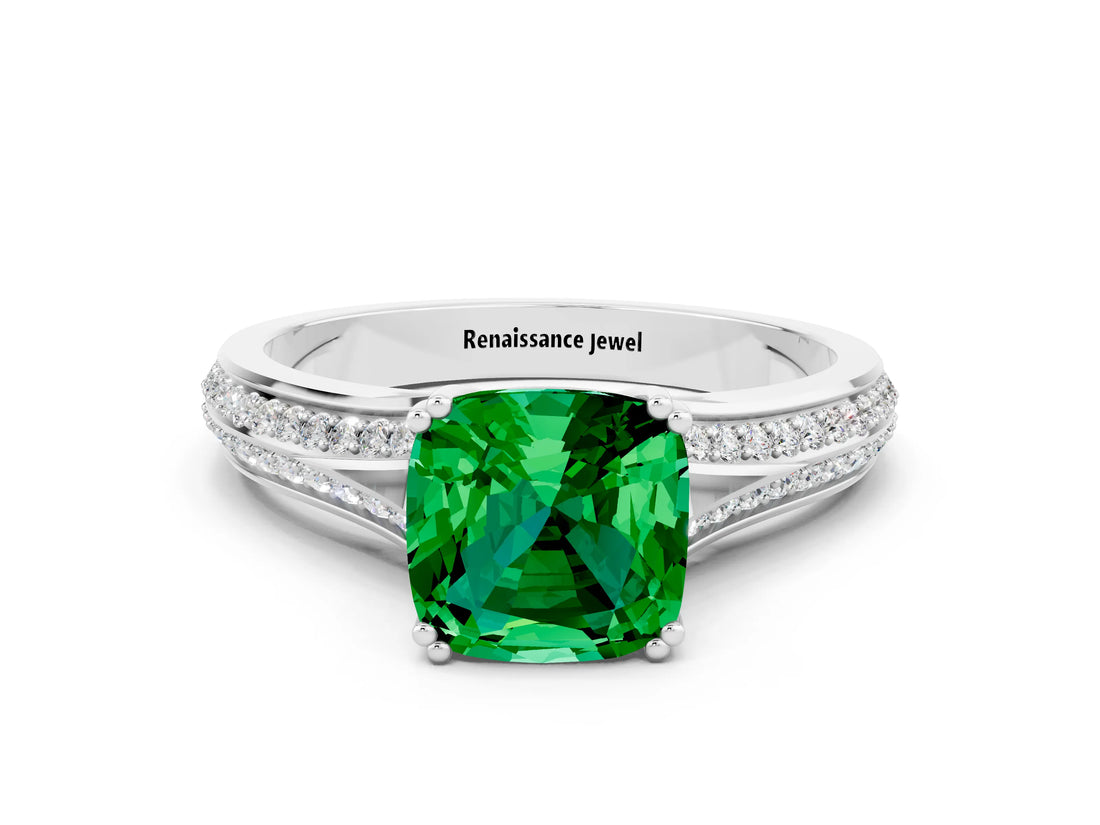 White gold Cushion Cut Emerald Split Shank Engagement Ring with Pavé Band