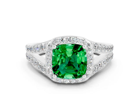 White gold Cushion Cut Emerald Split Shank Halo Ring with Four-Prong Setting_12