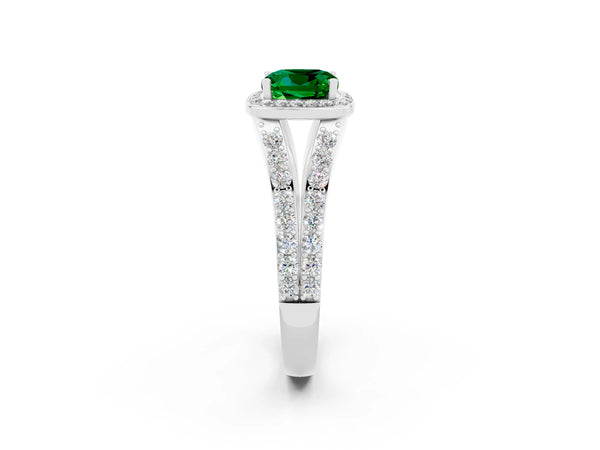 Silver Cushion Cut Emerald Split Shank Halo Ring with Four-Prong Setting