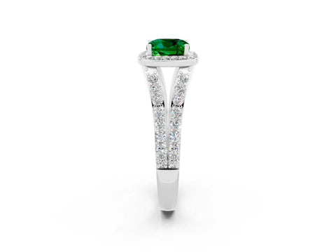 White gold Cushion Cut Emerald Split Shank Halo Ring with Four-Prong Setting_14