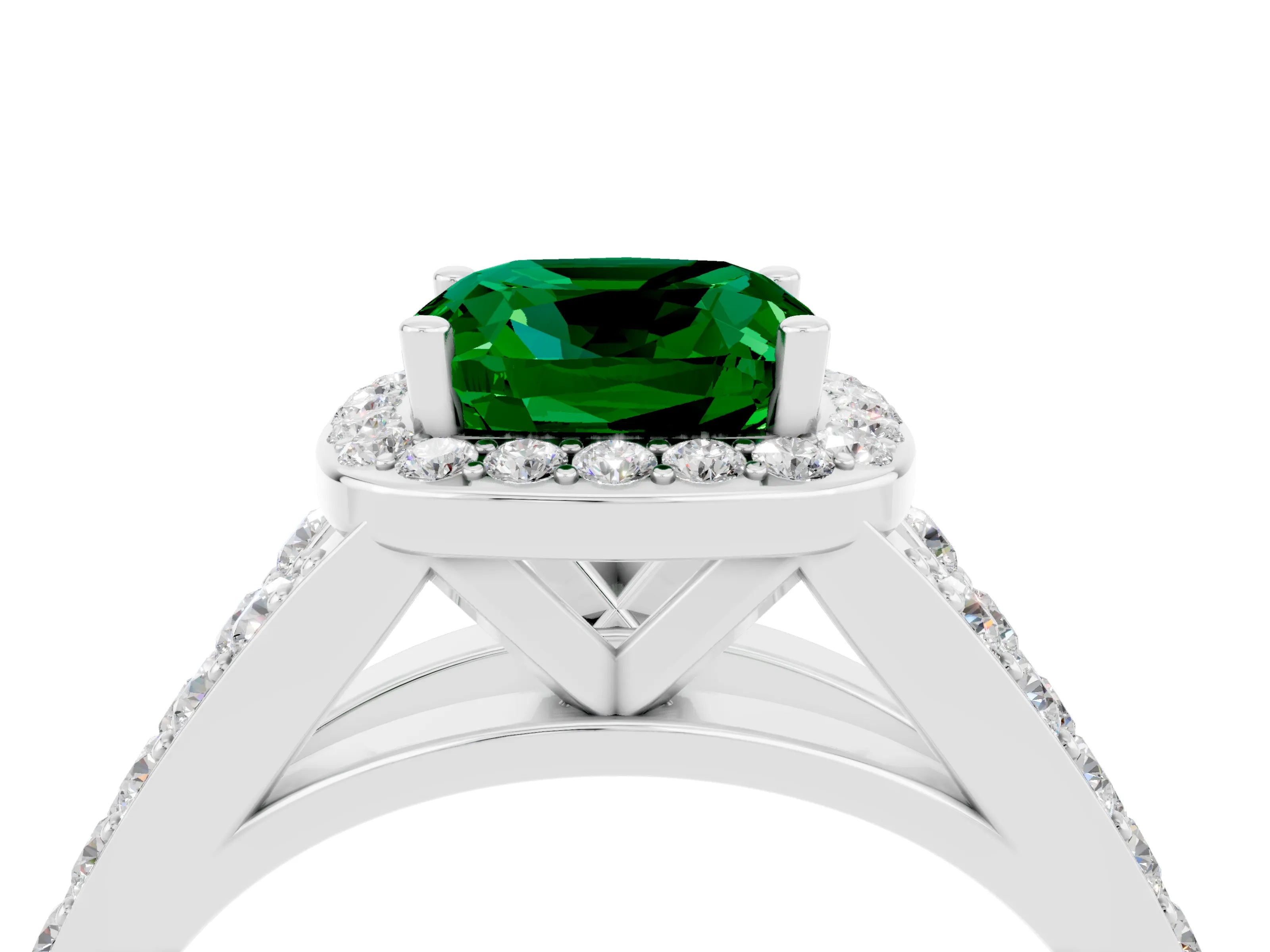 White gold Cushion Cut Emerald Split Shank Halo Ring with Four-Prong Setting_16