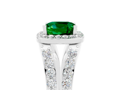 White gold Cushion Cut Emerald Split Shank Halo Ring with Four-Prong Setting_17