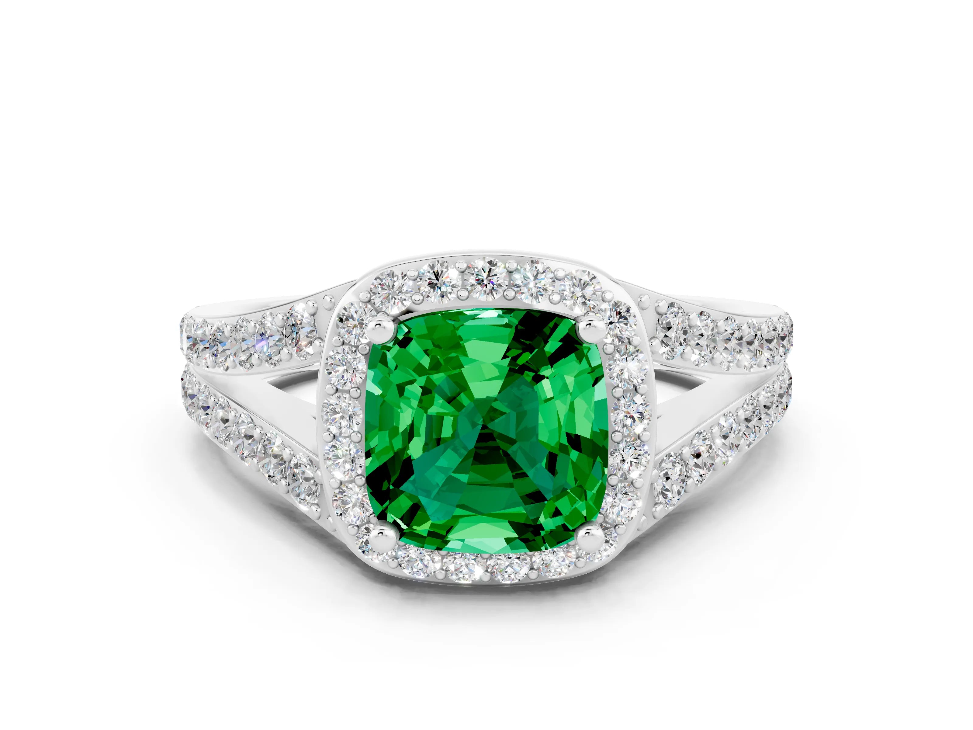 White gold Cushion Cut Emerald Split Shank Halo Ring with Four-Prong Setting_24