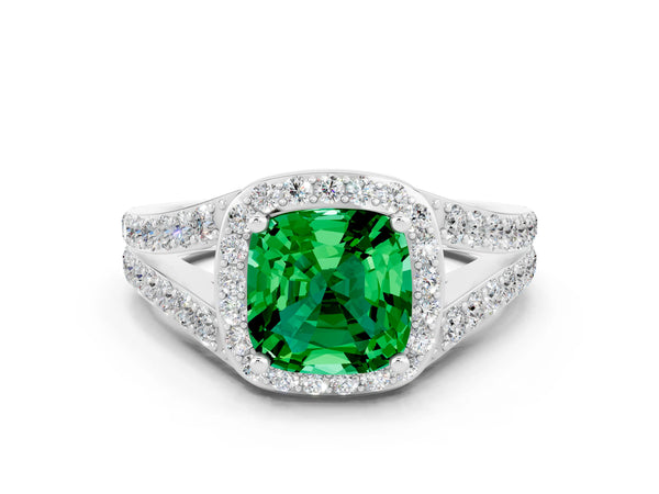 White gold Cushion Cut Emerald Split Shank Halo Ring with Four-Prong Setting