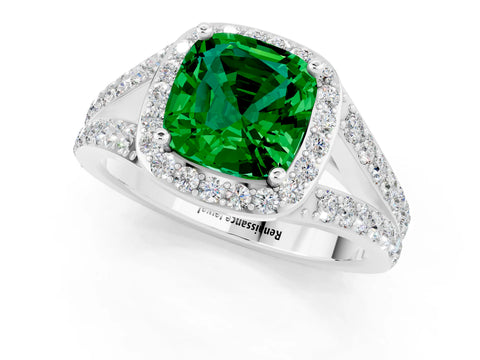 White gold Cushion Cut Emerald Split Shank Halo Ring with Four-Prong Setting_25