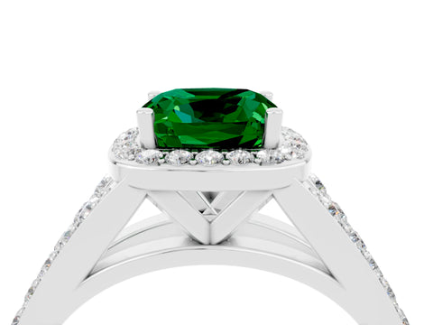 White gold Cushion Cut Emerald Split Shank Halo Ring with Four-Prong Setting_28