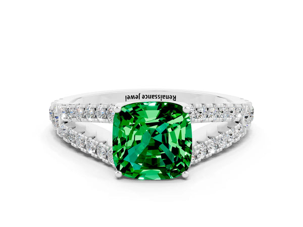 Platinum Cushion Cut Emerald Split Shank Pavé Engagement Ring with Four-Prong Setting