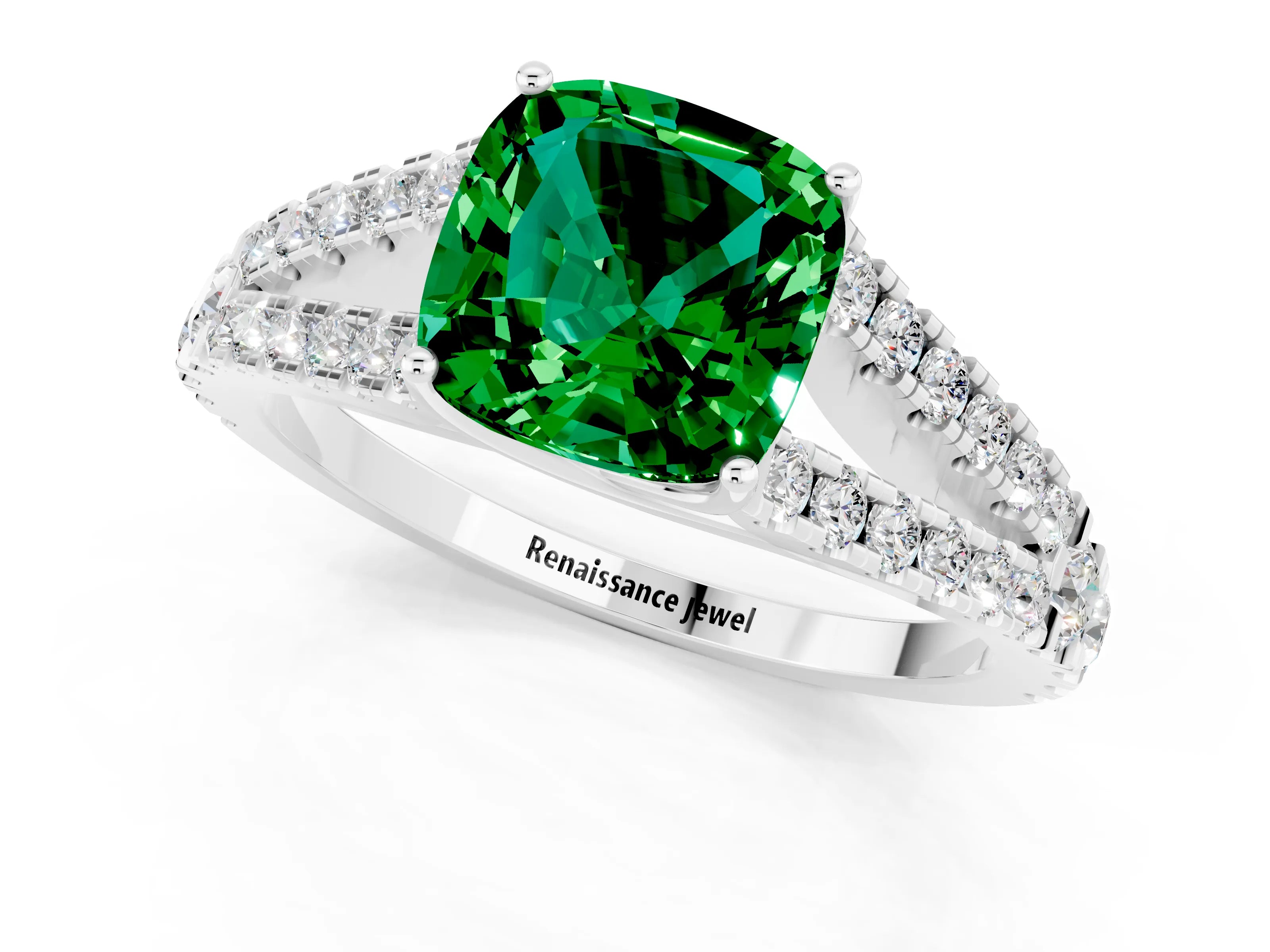 White gold Cushion Cut Emerald Split Shank Pavé Engagement Ring with Four-Prong Setting_13