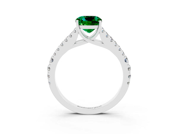 Platinum Cushion Cut Emerald Split Shank Pavé Engagement Ring with Four-Prong Setting