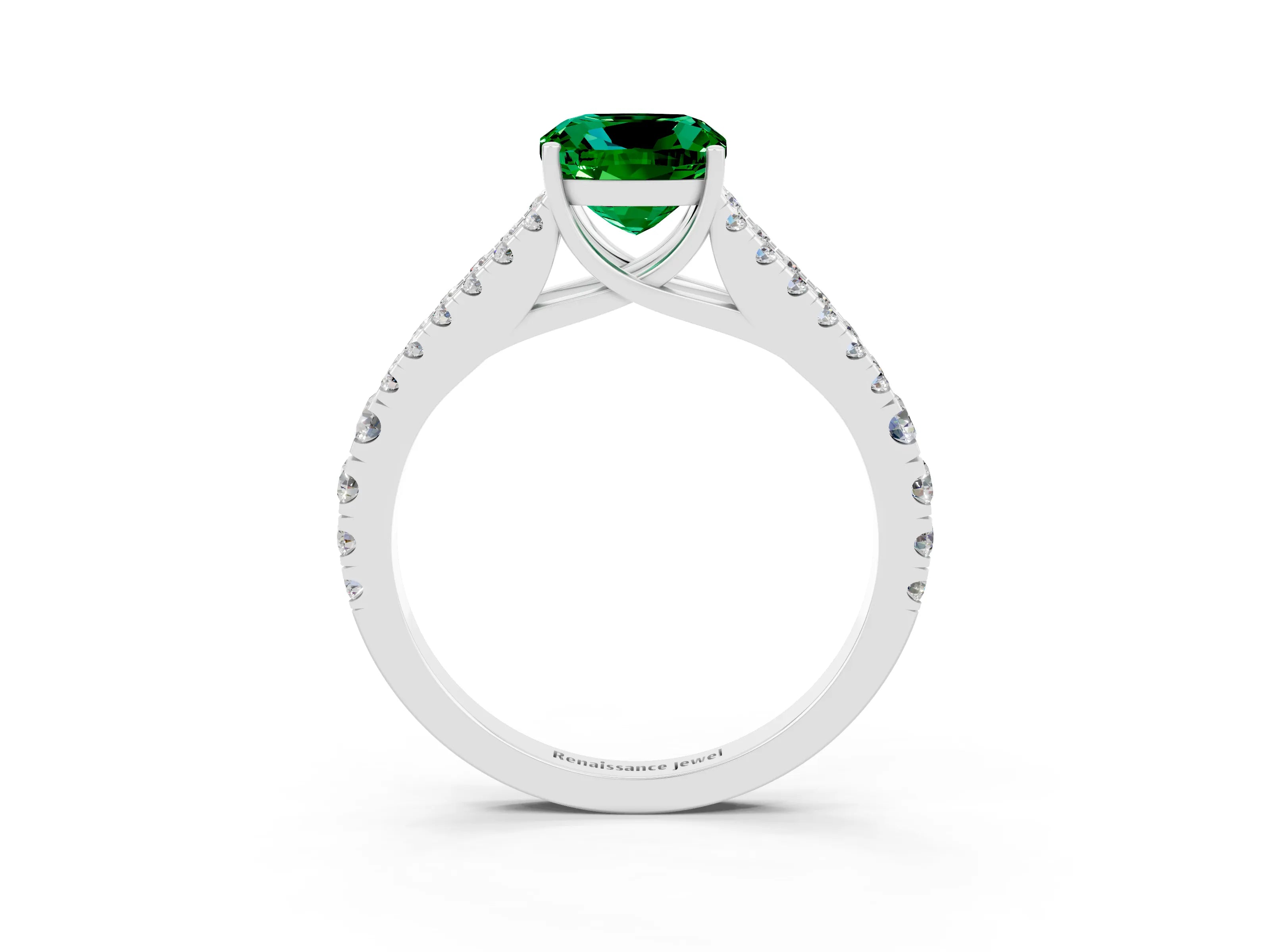 White gold Cushion Cut Emerald Split Shank Pavé Engagement Ring with Four-Prong Setting_15