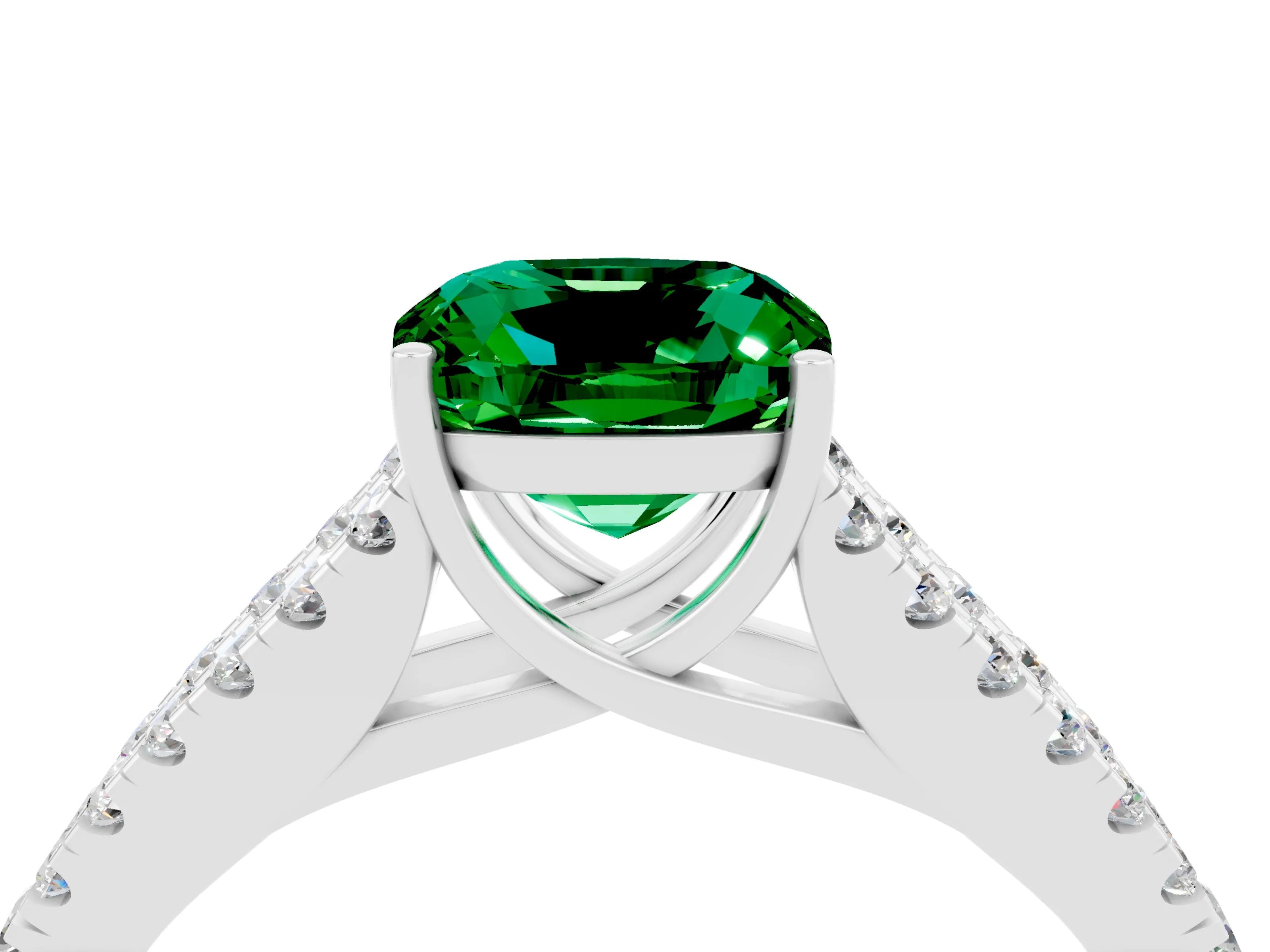 White gold Cushion Cut Emerald Split Shank Pavé Engagement Ring with Four-Prong Setting_16