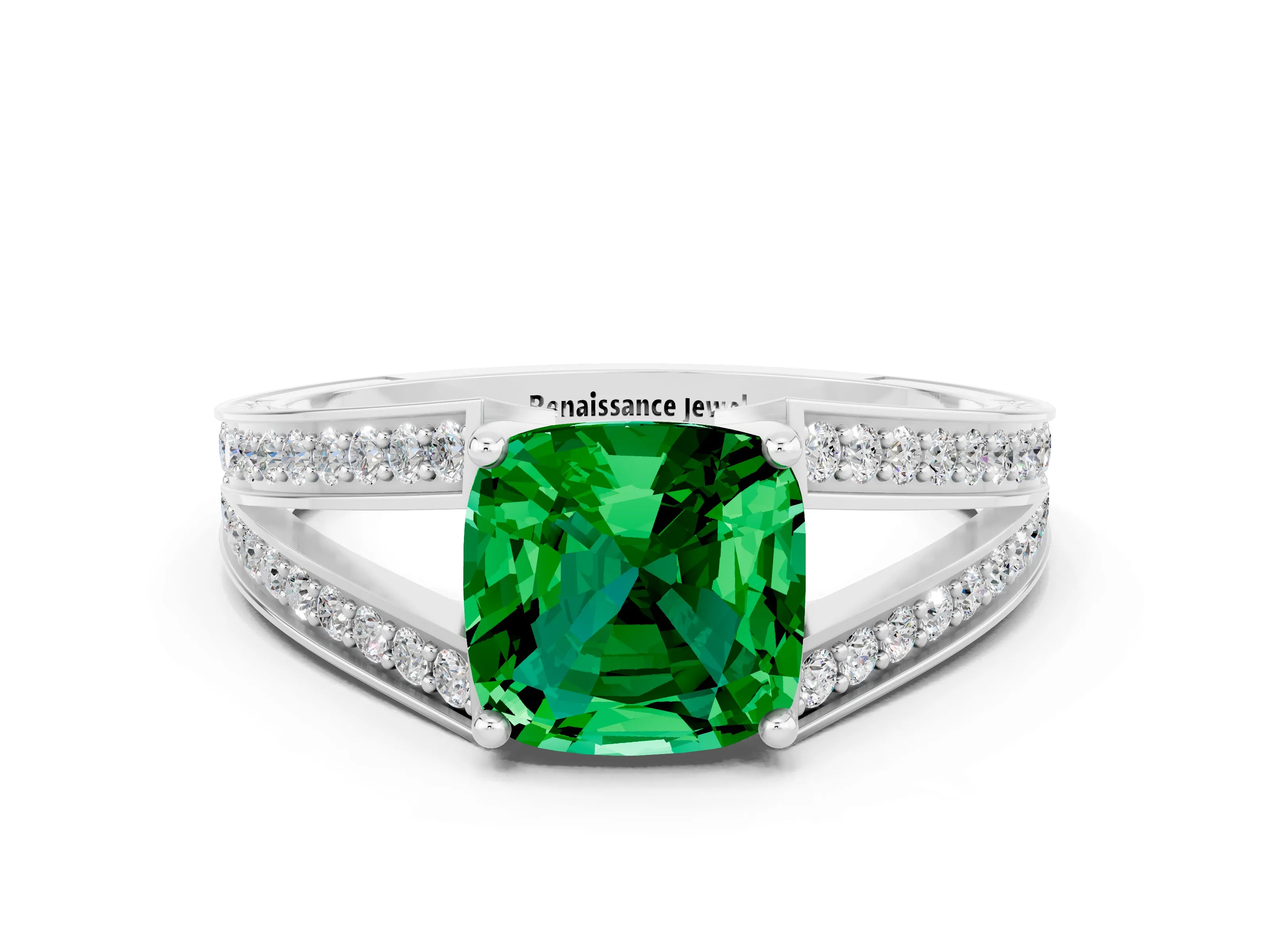 White gold Cushion Cut Emerald Split Shank Ring with Pavé Band and Four-Prong Setting_36