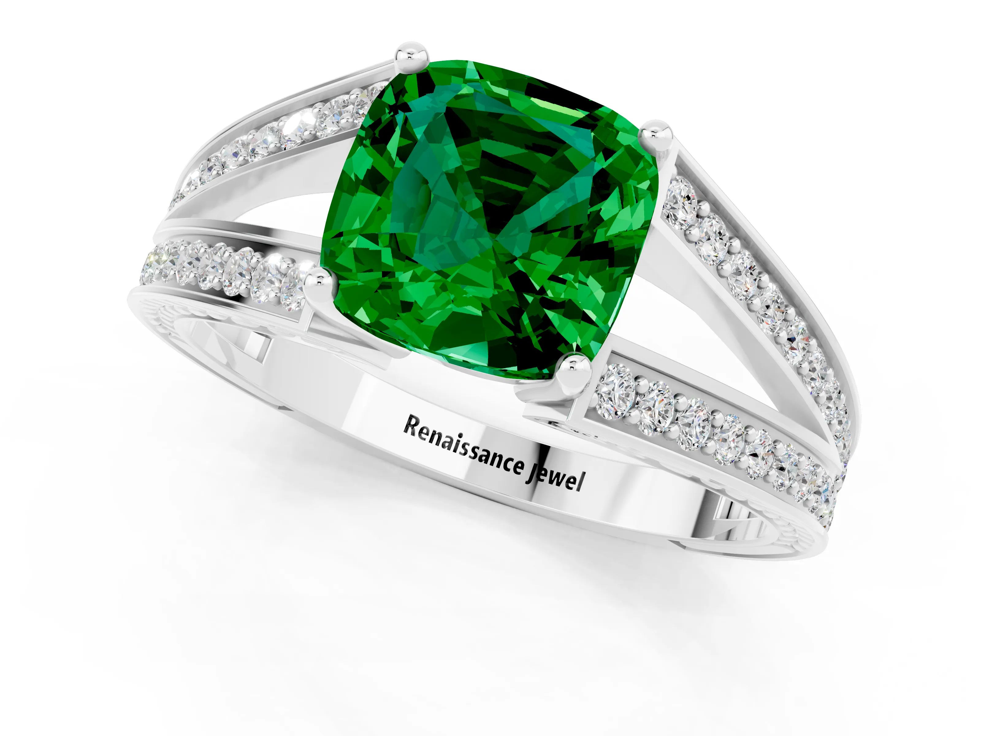White gold Cushion Cut Emerald Split Shank Ring with Pavé Band and Four-Prong Setting_37
