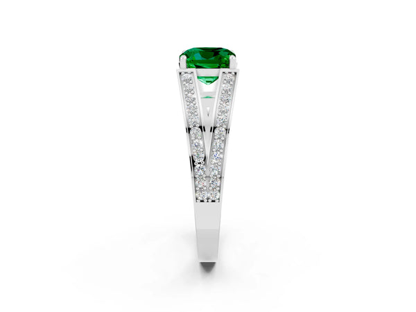 Platinum Cushion Cut Emerald Split Shank Ring with Pavé Band and Four-Prong Setting