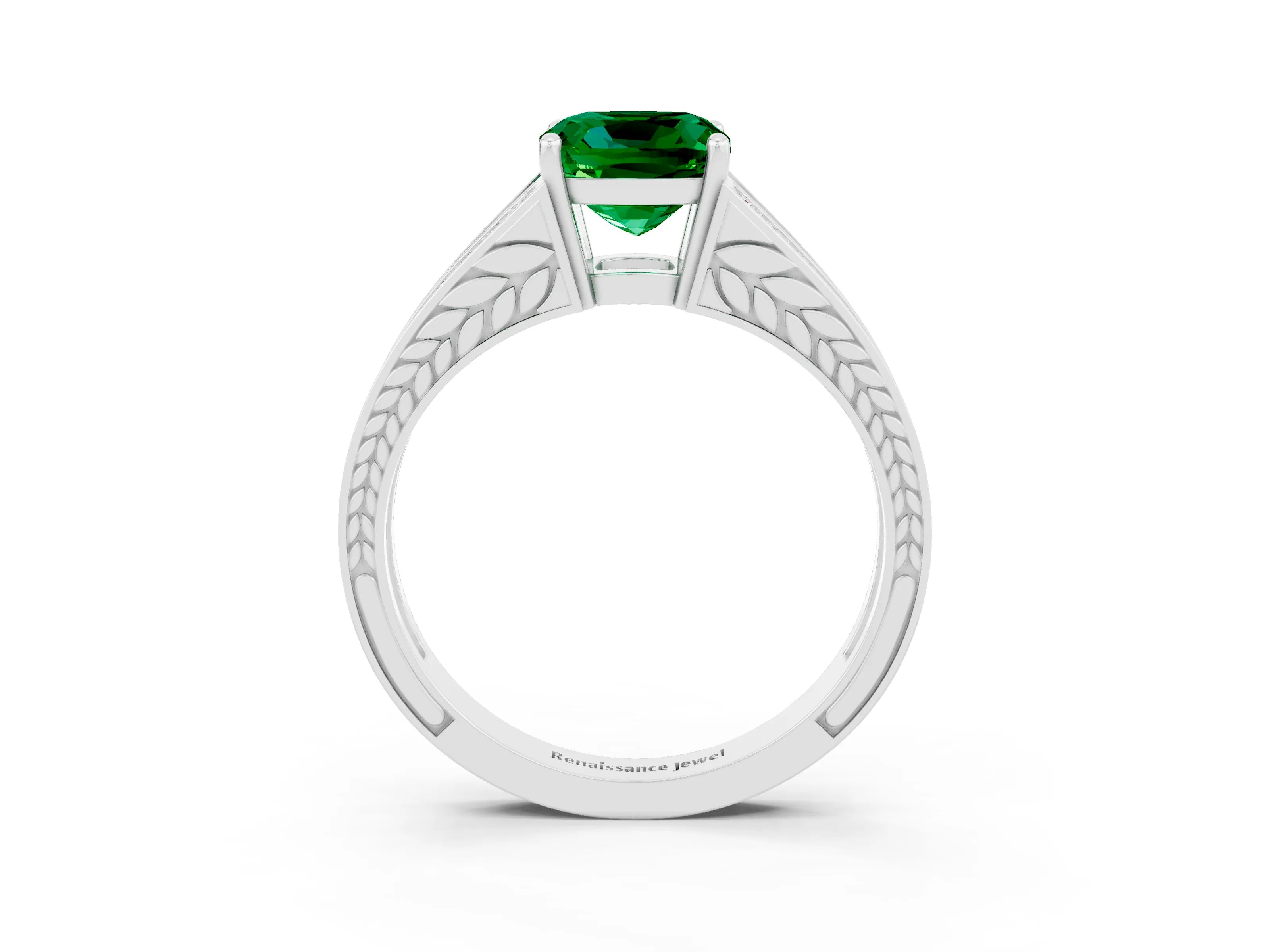 White gold Cushion Cut Emerald Split Shank Ring with Pavé Band and Four-Prong Setting_39