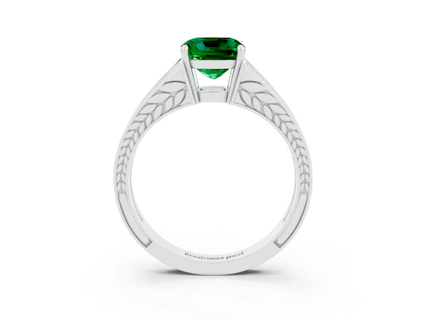 Platinum Cushion Cut Emerald Split Shank Ring with Pavé Band and Four-Prong Setting