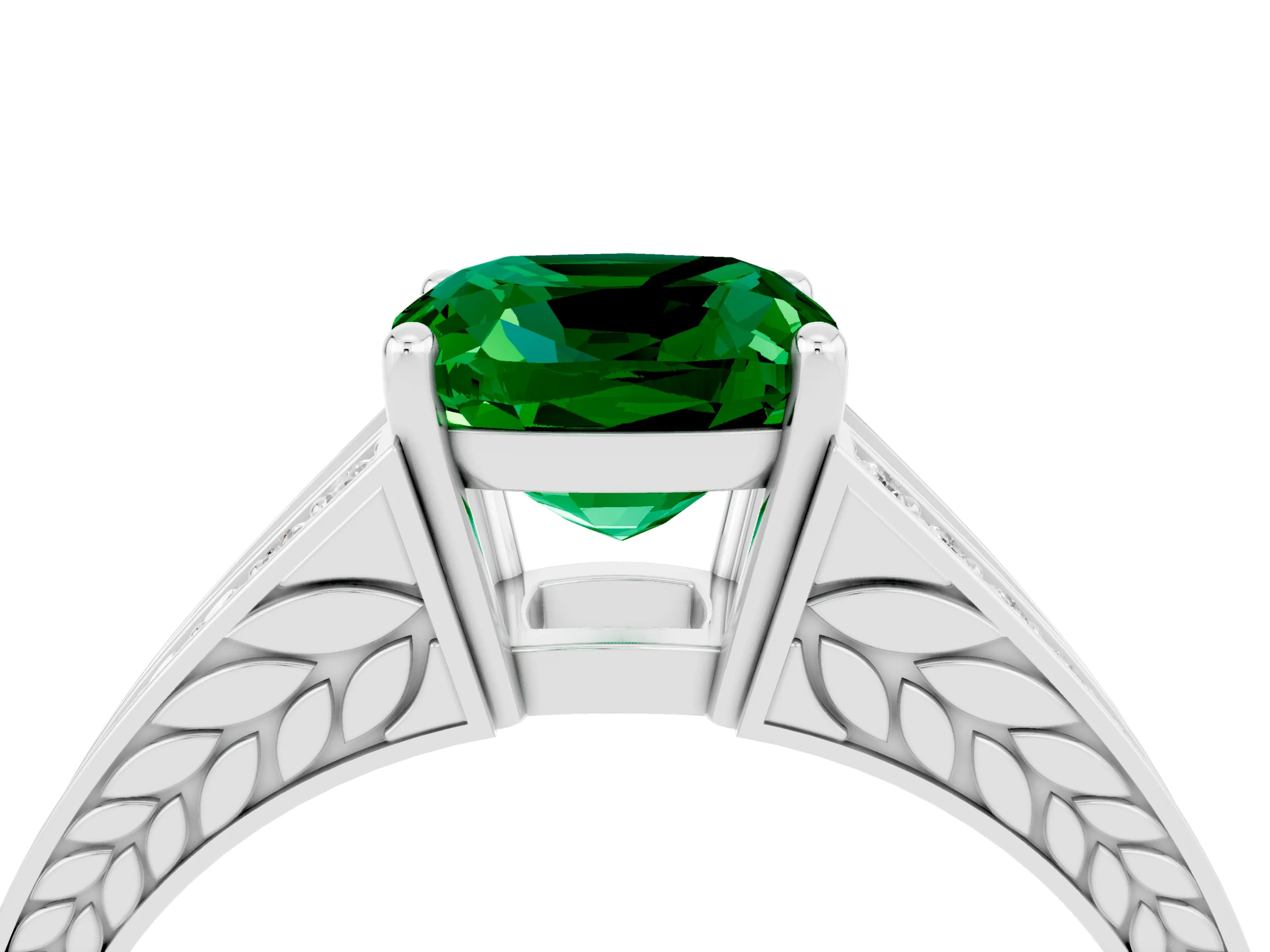White gold Cushion Cut Emerald Split Shank Ring with Pavé Band and Four-Prong Setting_40