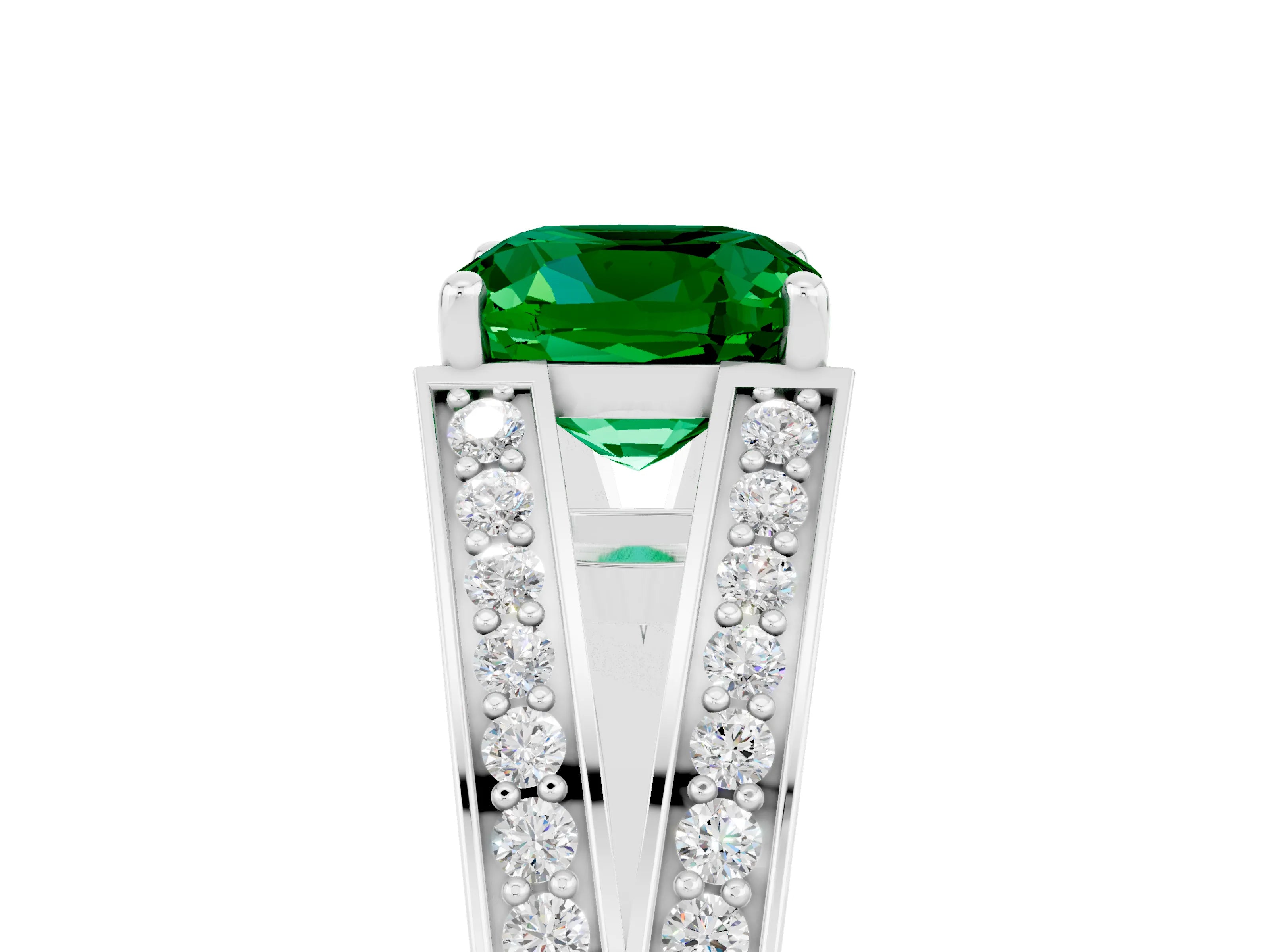 White gold Cushion Cut Emerald Split Shank Ring with Pavé Band and Four-Prong Setting_41