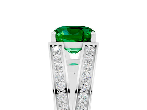 White gold Cushion Cut Emerald Split Shank Ring with Pavé Band and Four-Prong Setting_41