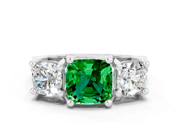 Platinum Cushion Cut Emerald Three-Stone Ring with Channel Set Band and Four-Prong Setting