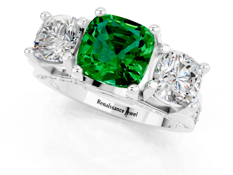 White gold Cushion Cut Emerald Three-Stone Ring with Channel Set Band and Four-Prong Setting_1