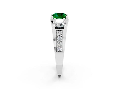 White gold Cushion Cut Emerald Three-Stone Ring with Channel Set Band and Four-Prong Setting_2