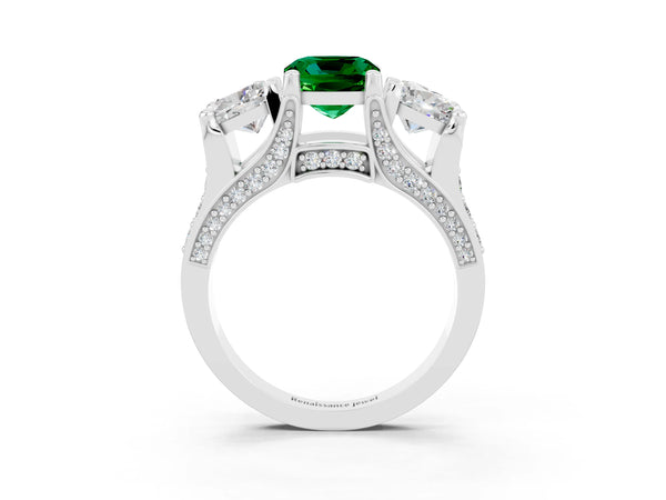 White gold Cushion Cut Emerald Three-Stone Ring with Channel Set Band and Four-Prong Setting