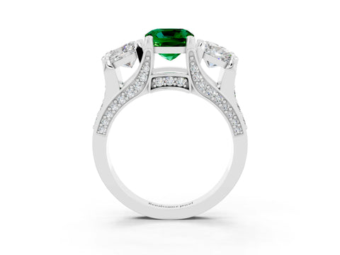 White gold Cushion Cut Emerald Three-Stone Ring with Channel Set Band and Four-Prong Setting_3