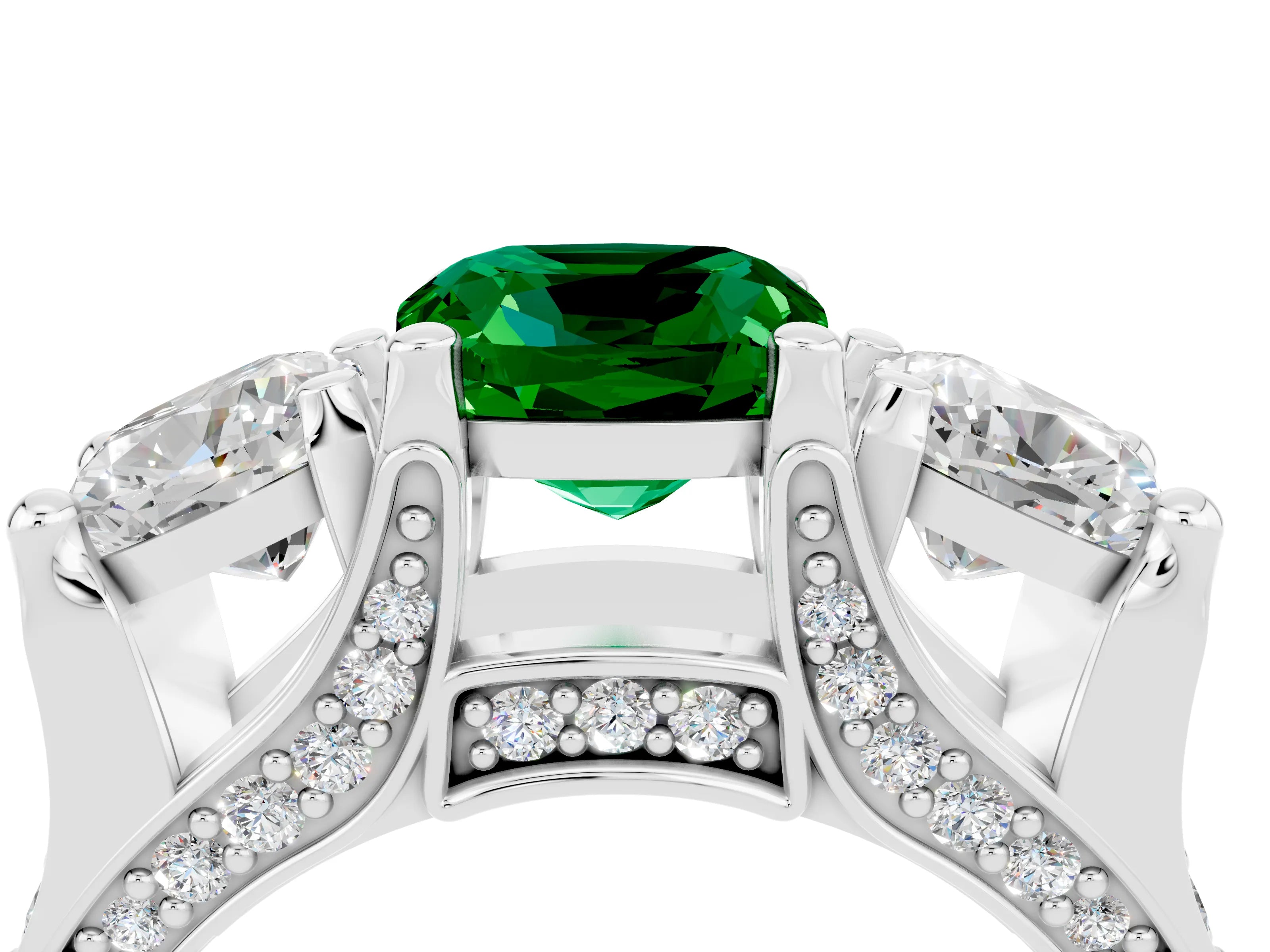White gold Cushion Cut Emerald Three-Stone Ring with Channel Set Band and Four-Prong Setting_4