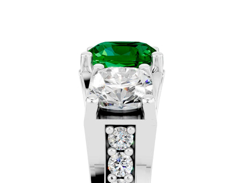 White gold Cushion Cut Emerald Three-Stone Ring with Channel Set Band and Four-Prong Setting_5