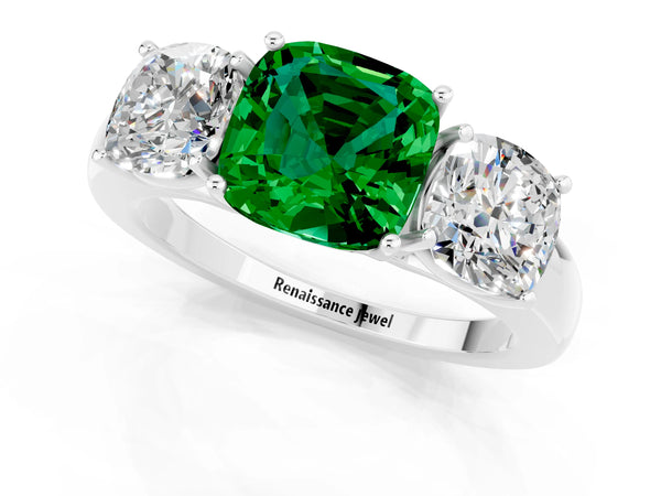 Silver Cushion Cut Emerald Three-Stone Ring with Four-Prong Setting and Classic Band