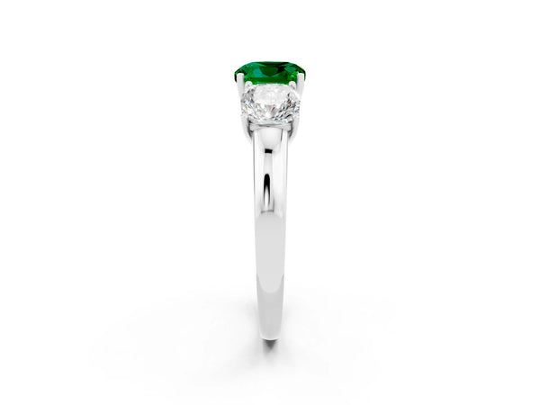 Silver Cushion Cut Emerald Three-Stone Ring with Four-Prong Setting and Classic Band