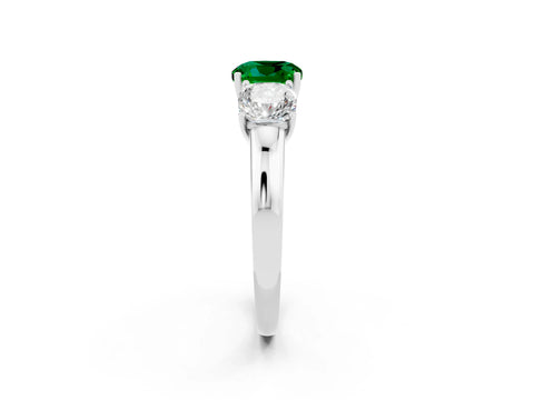 White gold Cushion Cut Emerald Three-Stone Ring with Four-Prong Setting and Classic Band_2