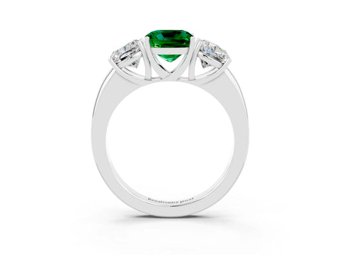 White gold Cushion Cut Emerald Three-Stone Ring with Four-Prong Setting and Classic Band_3